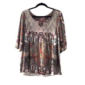 Cottage Core Babie Doll Laced Women's Top Puffed Sleeves Floral 2X‎ Slit Neck